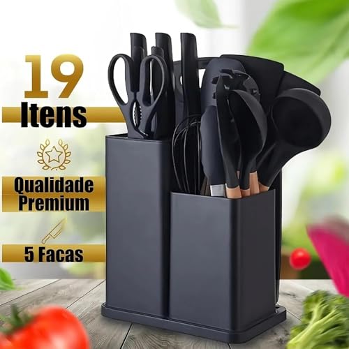 Utensílios para Cozinha Silicone, Kit com 19 Peças, Antiaderente, Organização para Cozinha (Preto)