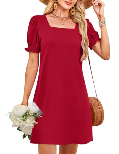 RUMIA Summer Dresses for Women 2025 Casual Cute Square Neck Puff Short Sleeve Dress with Pockets4