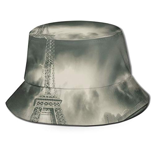 SUHETI Sombrerode Pescador Visera?Tormenta sobre la Torre Eiffel Vista Espectacular del Cielo Nocturno con Destello de Nubes oscuras de Trueno?con Gorra Protección contra Sol UV Transpirable Sombrero