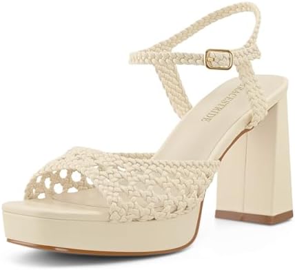 GRACESTRIDE Platform Heels Woven Chunky Block High Heel Sandals Square Open Toe 