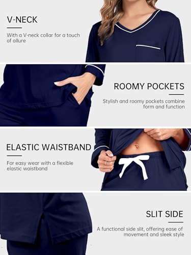 Image of COLORFULLEAF 100% Cotton Pajama Set for Women Long Sleeve Sleepwear with Pants Soft Comfy Two-Piece Pjs with Pockets