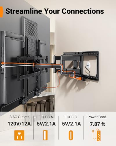 Image of Perlegear Full Motion TV Wall Mount with Power Strip for 60-120 Inch TVs | Heavy Duty TV Mount Wall Bracket, Holds 255 lbs, Tilt, Swivel, Extension, Fits 16″ /24″ /32″ Wood Studs, Max VESA 900 x 600mm