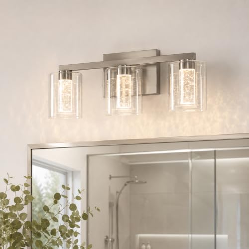 Image of LED Vanity Lights for Bathroom,3 Light Electroplated Nickel Bathroom Light Fixtures Over Mirror,3 Color Lighting with Crystal Bubble Glass&Clear Glass Shade,Modern Vanity Light for Bathroom