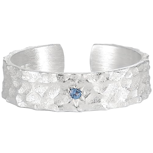 NicoWerk Anillo de plata de ley 925 martillado para mujer, estilo rústico, mate, con estructura de piedra, ajustable, abierto, SRI1096
