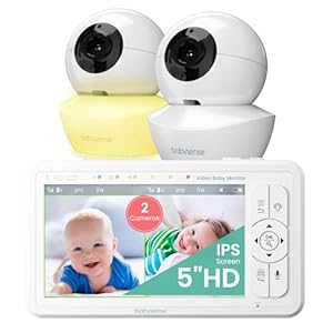 Babysense 5″ HD Split-Screen Baby Monitor, Video Baby Monitor with 2 Cameras and Audio, Night Light, 1000ft Range, Two-Way Audio, 4X Zoom, Night Vision, 4000mAh Battery