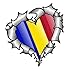 A Forma di Cuore Metallo Strappato Romania Rumeno Bandiera per Squadra Calcio Tifoso Match Adesivo Vinile Auto 105x100mm