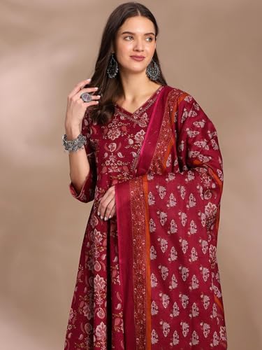 Image of Pure Cotton Anarkali Kurta Set for Women with Dupatta | 3 Piece Cotton Anarkali Suit | Floral Aari Work | Flared Ethnic Wear