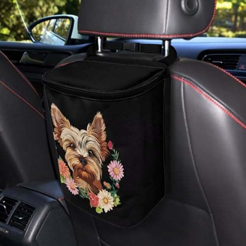 Image of Talayituse Yorkshire Daisy Print Car Trash Bin, Large Size Auto Trash Can Adjustable Portable Garbage Can with Lid, Vehicle Hanging Bag for Headrest Front Back Seat