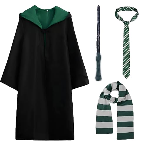 greenxl Costume Robe Adult 5PCS Wizard Costume Magic School Uniform Wizard Robe With Wand Tie Scarf Wizard Fancy Dress Cosplay Costume for Men and Women Halloween World Book Day Carnival Party