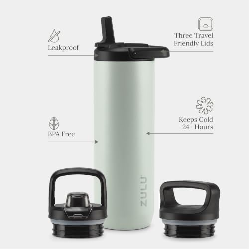 Image of ZULU Base 24oz Stainless Steel Water Bottle with 3 Lids- Straw, Chug, Twist | Double Walled and Vacuum Insulated Metal Thermos | Fits Car Cupholder, Built in Carry Loop, Dishwasher Safe, Sage