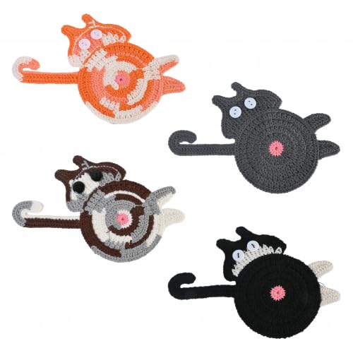 Merzio 4PCS Cute Cat Coasters Fun Woven Drink Mats for Desk Accessories Non-Slip Handmade Knitted Coaster for Hot Drinks Cup Coffee Cat Gifts for Cat Lovers Women Home Office and Tabletop Decor