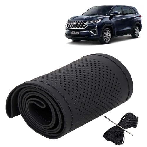 Image of KINGSWAY PU Leatherite Car Steering Cover Sewable Compatible with Toyota Innova Hycross (Year 2023 Onwards), Black Color with Black Thread, Pack of 1 with Sewing Needle and Thread