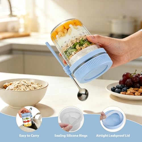 Image of 4 Pack Overnight Oats Containers with Lids and Spoons - 16 oz Glass Mason Jars with Dressing Cup, Over night Oat Jars for Meal Prep, Yogurt Parfait Cup for Chia Seed Salad (Blue)