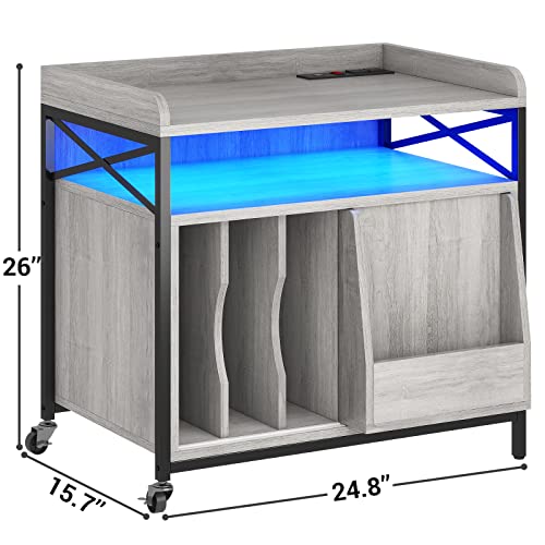 Bthfst End Table With Charging Station, Record Player Stand With Led Lights,Led Nightstand With Storage Shelf, Mid-Century Record Storage With Wheels For Living Room Bedroom, Grey #TOP5