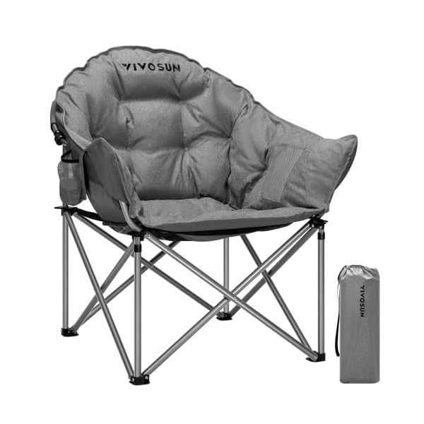 VIVOSUN Oversized Camping Chair, Padded Folding Moon Round Chair, Portable Saucer Chair with Cup Holder & Carry Bag, Supports up to 500lbs, for Indoor & Outdoor Activities, Gray