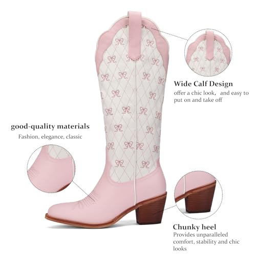 Image of Lace Up Cowboy Boots for Women Embroidered Wide Calf Cowgirl Boots Comfortable Chunky Heel Pointed Toe Trendy Western Shoes for Prom Music Festival