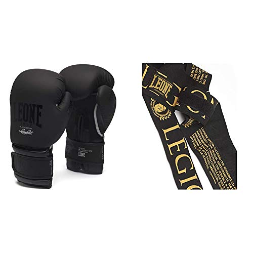 Leone 1947 Gn059, Guantoni Boxe Negro Edition, Unisex, Adulto, Nero, 12Oz & 1947 Ab705 Bendaggi, Unisex, Adulto, Nero, 3.5