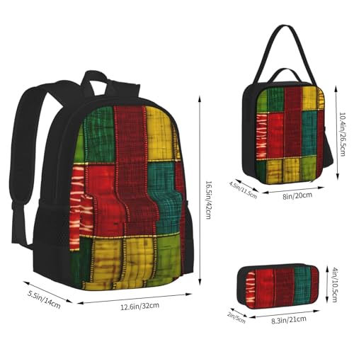 nanger African Style Patchwork Print 3-Piece Set Backpack, Lunch Bag And Pencil Case, For Travel, College, And Daily Use4