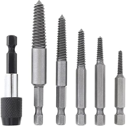 Stripped Screw Extractor 5pcs HSS Easy Out Broken Bolt Extractor Kit with Extension Screw Holder, Damaged Bolt Water Pipe Remover Set Power Drill Bit Tool