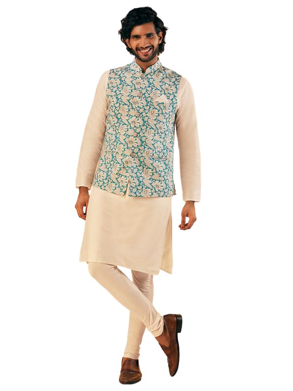 Image of KISAH Men Printed Kurta Jacket Set, Full Sleaves, Knee Length, Straight, Regular Fit, Mandarin Collar Ethnic Wear