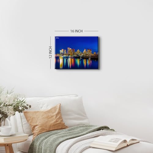 Image of Boston Wall Art Colorful City Night View Picture Photo Prints Study Office Wall Decor USA Cityscape Buildings Canvas Painting Nature Skyscraper Poster Artwork for Living Room Home Decorations 12x16 inch