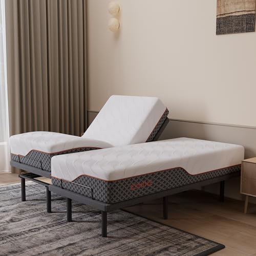 Image of ESHINE Adjustable Bed Frame + 12 inch Hybrid Mattress Split King(Medium) - Luxury Gel Memory Foam, Upholstered Bed Frames with Massage, USB, Under Bed Night Light, Head and Foot Incline, Split King