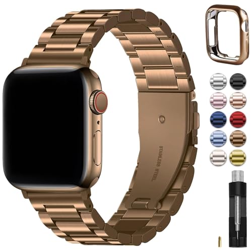 Image of Fullmosa Metal Band with Case for Apple Watch 45 /44 /42mm | Fits iWatch Series 9 /8 /7 /6 /5 /4 /3 /2 /1,SE3 /2 /1,Stainless Steel Strap for Men Women Professional Office Golden Coffee