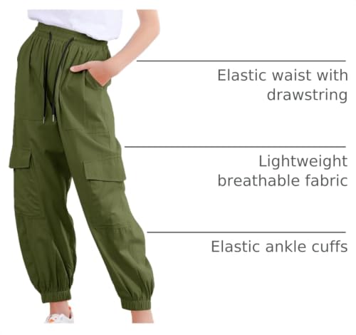 Image of Girls Cargo Pants Elastic Waist Casual Jogger Pants for Girls Streetwear Loose Parachute with Pockets 7-14Years