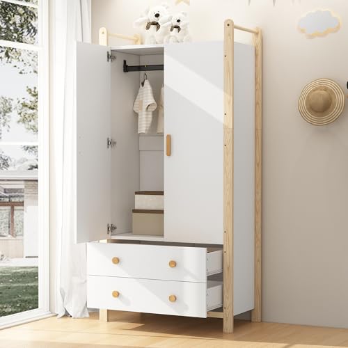 Fppuueg Armario para Niños con 2 Puertas y 2 Cajones 180x90x45 cm Armario Ropero de Madera con Barra para Colgar, Ropero Estrecho Moderno para Dormitorio, Salón, Perchero de Pasillo, Blanco y Natural