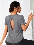 Alaroo Short Sleeve Shirts for Women Open Back Workout Yoga Tops Pilates Outfits Gym Clothes Golf Athletic Running Clothing Grey M