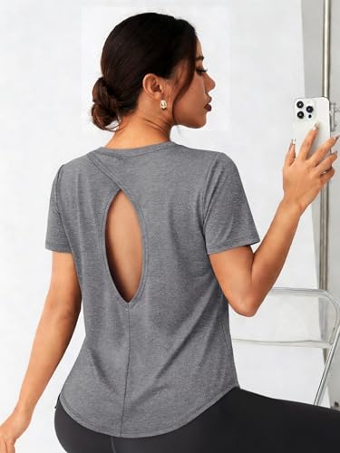 Alaroo Short Sleeve Shirts for Women Open Back Workout Yoga Tops Pilates Outfits Gym Clothes Golf Athletic Running Clothing Grey M