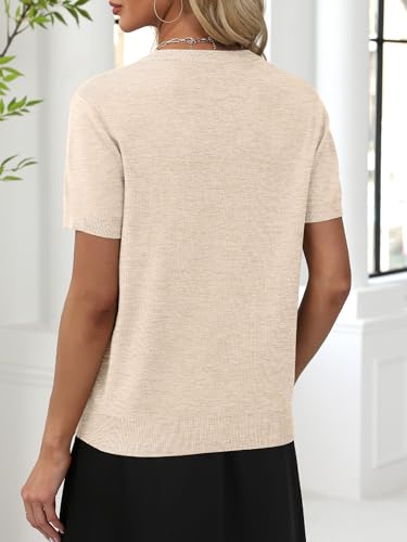 Image of ANRABESS Women Wool Blend Sweater Summer 2026 Short Sleeve V Neck Pullover Top Business Casual Outfit Beach Vacation Clothes