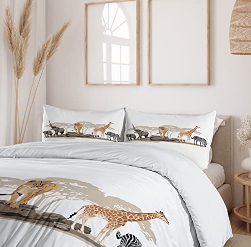 Ambesonne Safari Duvet Cover Set, Illustration Of Wild Savannahs Animals Exotic Giraffe Lion Elephant Zebra, Decorative 2 Piece Bedding Set With 1 Pillow Sham, Twin Size, Beige #TOP5