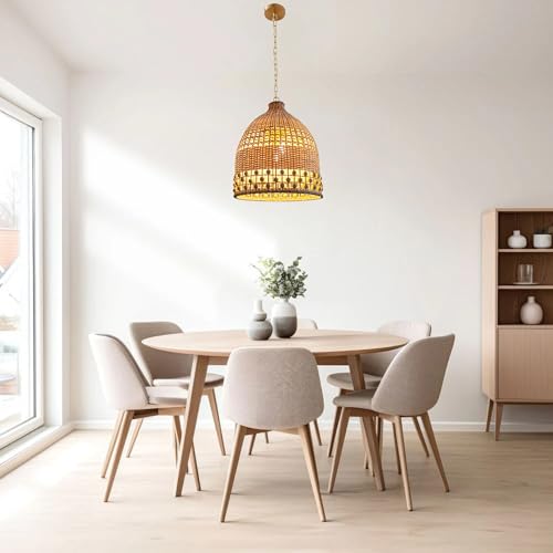 Image of 24 inch Handwoven Rattan Pendant Light - Modern Bohemian Style with Wooden Bead Accents, Perfect for Living Room, Dining Room, Bedroom, and Home Decor (3-Light)