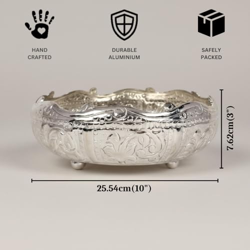 Image of Decorative Embossed Urli German Silver Bowl | Aluminium Urli Pot for Floating Flowers and Tea Light Candles Home Office Diwali Decoration Items Medium 10inch