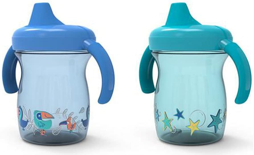First Essentials Fun Grips Soft Spout Trainer Cup, 7 oz. (2 Count (Pack of 1), Blue&Green)