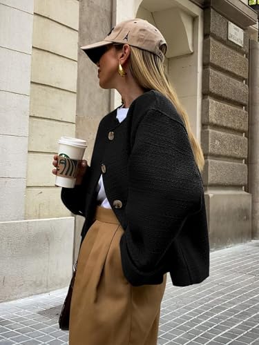 Tweed Jackets for Women Fall Long Sleeve Business Button Down Casual Cropped Blazer with Pockets2