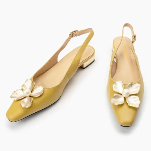 miss left Women Elegant Pearl Flower Closed Toe Slingback Pumps Block Low Heel Backstrap Buckle Daily Office Dress Shoes Size 4-16 US2