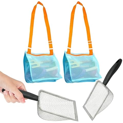 4E's Novelty 2X Shark Tooth Sifter for Beach with 2X Small Mesh Beach Bag for Shell Collecting, Metal Sand Scoop for Picking Up Shells - Beach Toys for Kids (2 Sets) Cover