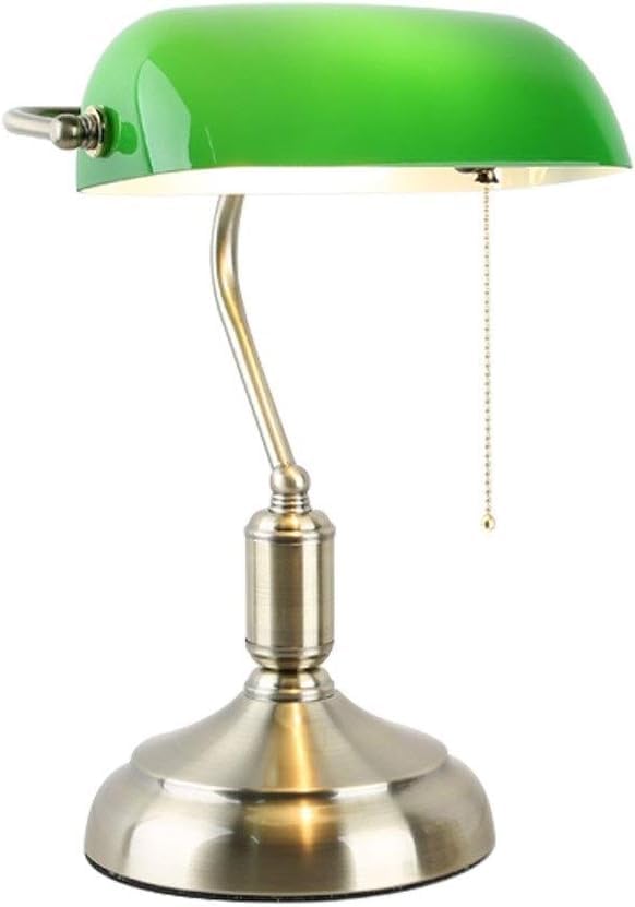 Image of HDC Premium Banker Lamp Antique Style Emerald Green Glass Desk Light Fixture Metal Beaded Pull Cord Switch Attached Golden Shade Attractive Table Lamp for Bedroom, Office Library Study Room