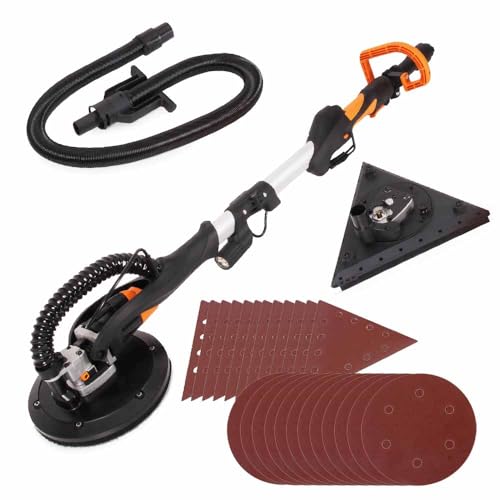 Evolution Power Tools R225DWS-T Telescopic Drywall Sander with Dual Heads Wall and Ceiling with Pole Dustless Floor Electric LED Touch 24 Sanding Sheets 225 mm Orbital Yellow 230V