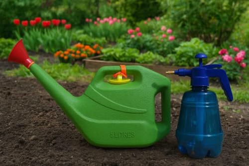 Image of 5 Litre Green Garden Watering Can & 1.5 Litre Transparent Blue Hand Pressure Sprayer Combo Pack | Dual-Handle Water Pot with Detachable Shower & Adjustable Brass Nozzle Pump Spray for Indoor & Outdoor