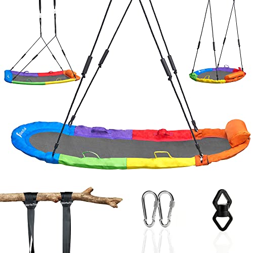 Image of SportsTrail Tree Swing Saucer Oval (65'' x 27.5'') with Steel Frame, Frictionless Swivel, Carabiners, Nylon Ropes, Handles & Thick Padding