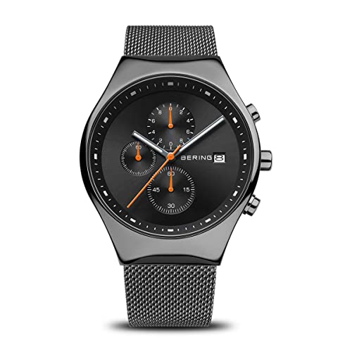 BERING 18842-377 Reloj de cuarzo para hombre con caja de acero inoxidable de 42 mm con acabado en gris y esfera negra, correa milanesa, cristal de zafiro y resistencia al agua de 3 ATM