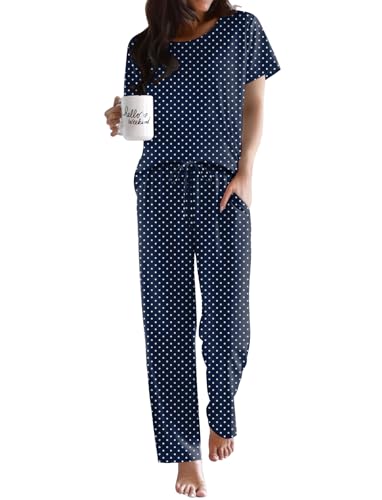 Image of Ekouaer Pajama Sets for Women Round Neck Pjs Short Sleeve Sleepwear with Long Pants Loose Lounge Sets