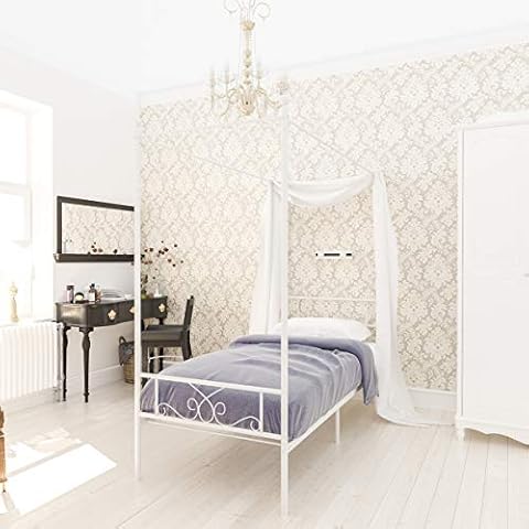 Weehom Twin Canopy Bed Frame with Headboard and Footboard, 4 Posters Metal Bed Frame, No Box Spring Needed, Mattress Foundation Platform Bed for Kids and Adults, White Cover