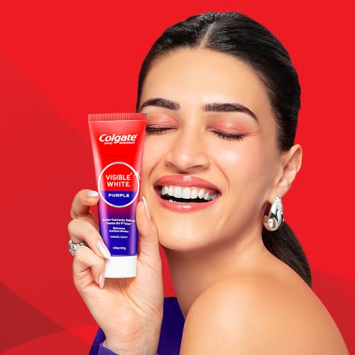 Image of Colgate Visible White Purple Toothpaste for Teeth Whitening, Colgate Toothpaste with Fluoride, Tooth Paste Helps Remove Surface Stains, Whitens Yellow Teeth, Enamel-Safe for Daily Use Paste (75g)
