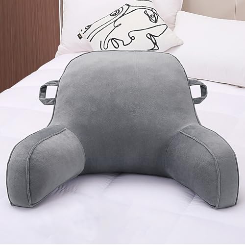 Reading Pillow, Cuddle Cushion Back Support Pillow for Sitting in Bed, Chair and Couch, Reading Cushion for Adults, Teens, College Dorm, Backrest Pillow with Pockets and Velvet Removable Cover (Gray)