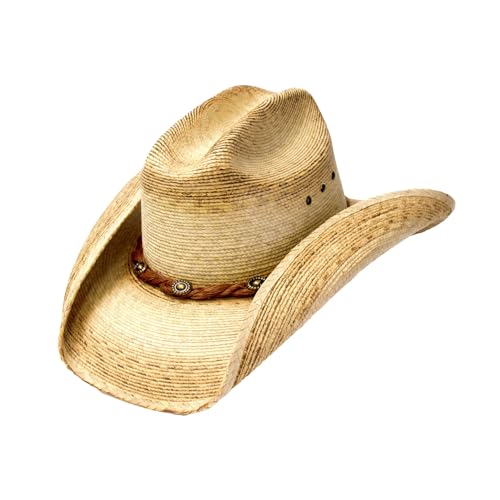 Western Express Kid's Cattleman Palm Sonora Cowboy Hat - Classic Brown with Rope Band, Conchos, and Leather Chin Strap - Kid's Elastic One Size Fits Most