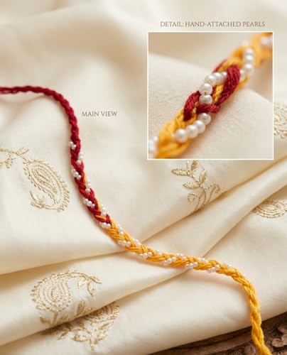 Image of Traditional Rakhi for Bhaiya, 12 Pcs Mauli Thread with Pearl Work for Raksha Bandhan with Roli Chawal, Elegant Moli Rakhi Set, Rakshabandhan Festive Gift Set for Bhai
